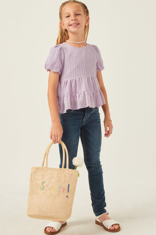 Girls Lavender Textured Stripe Puff Sleeve Tiered Top (Sizes S-XL)