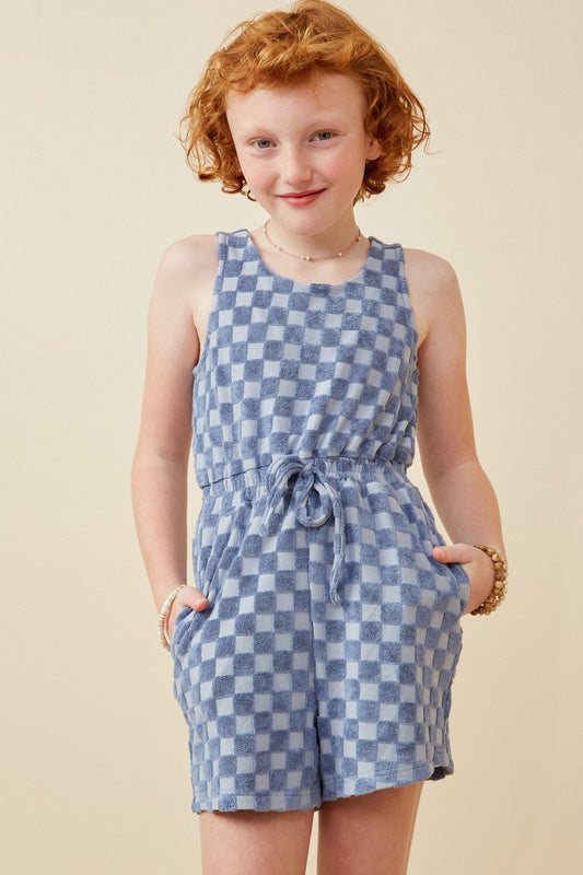 Girls Blue Checkered Terry Burnout Tank Romper (Sizes S-XL)