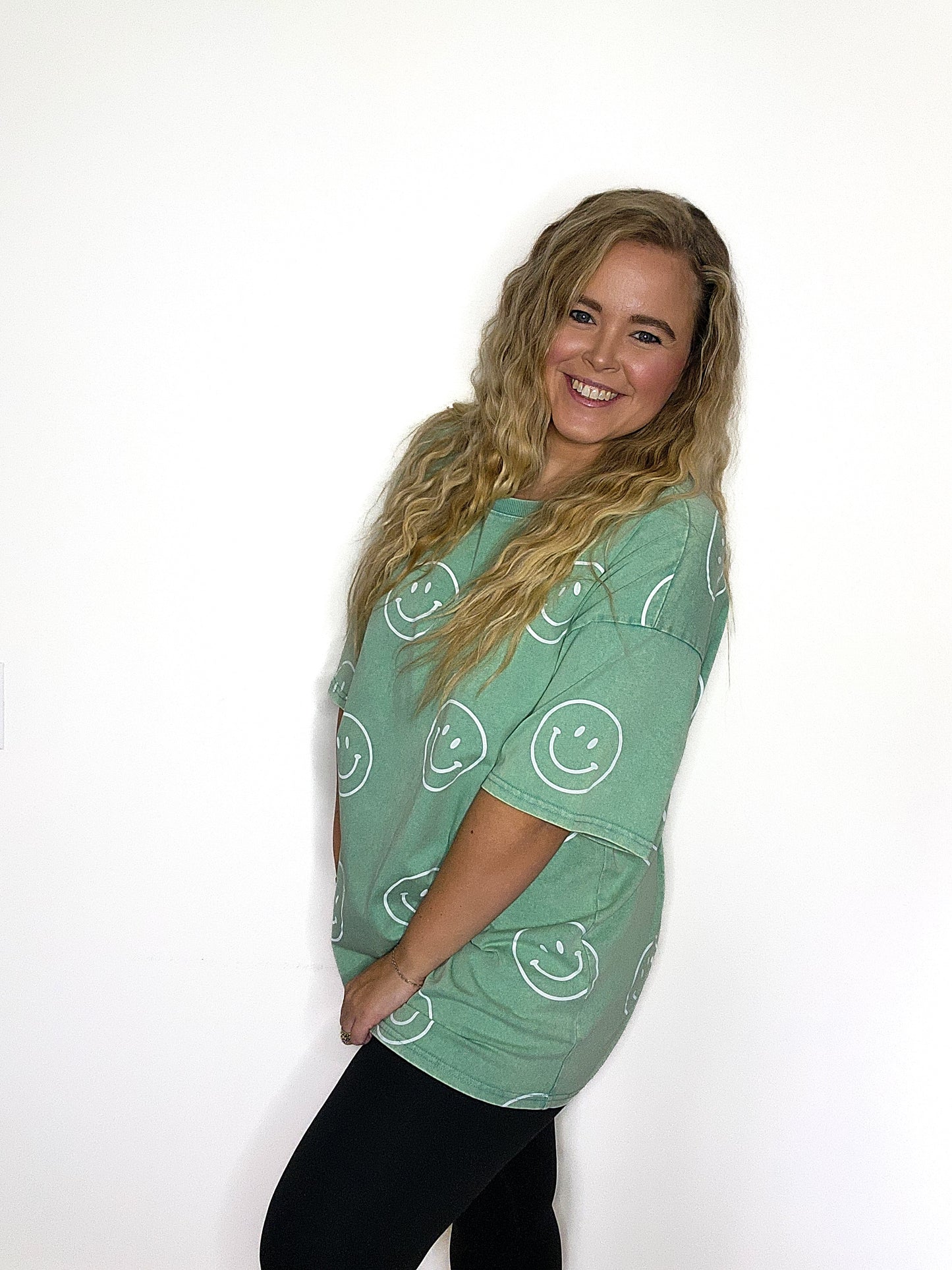 Green Smiley Face Printed Washed Oversized Tee