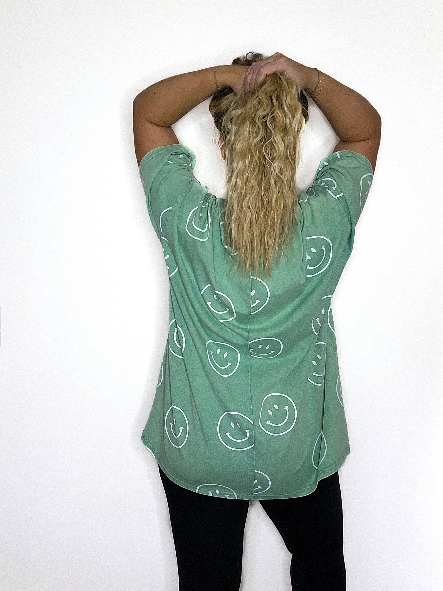 Green Smiley Face Printed Washed Oversized Tee