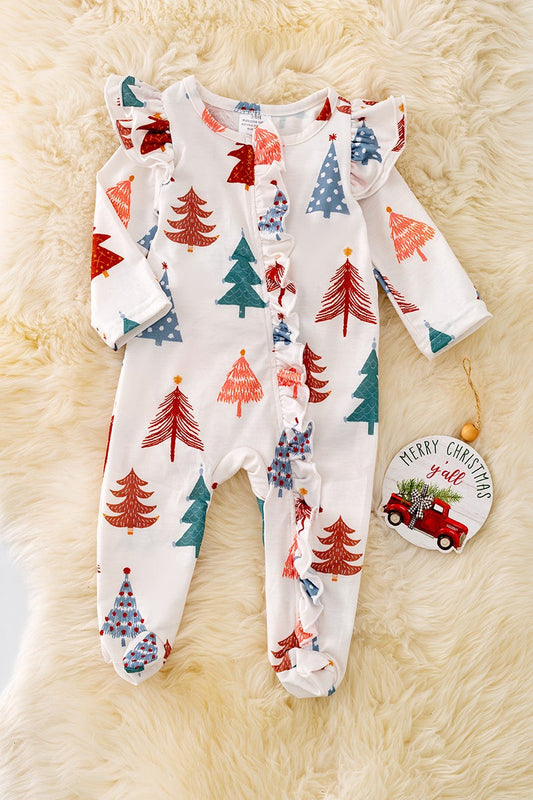 Christmas Tree Printed Onesie with Ruffles