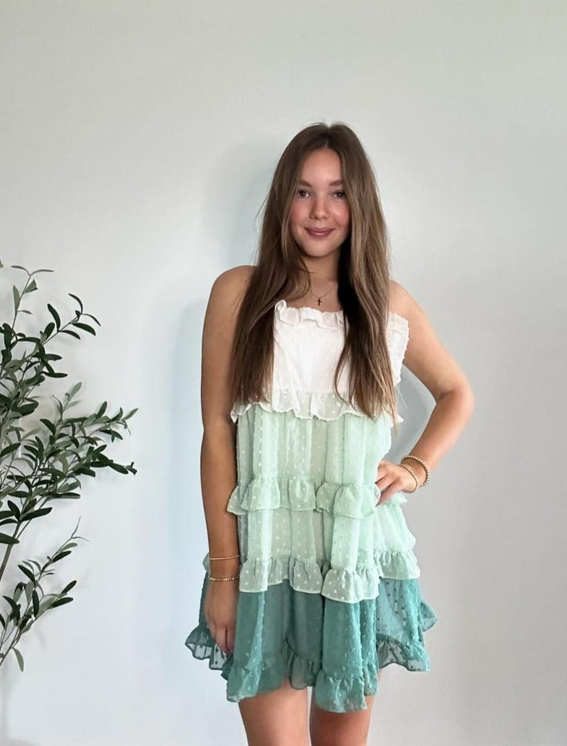 Sage Swiss Dot Ombre Tiered Ruffle Mini Dress