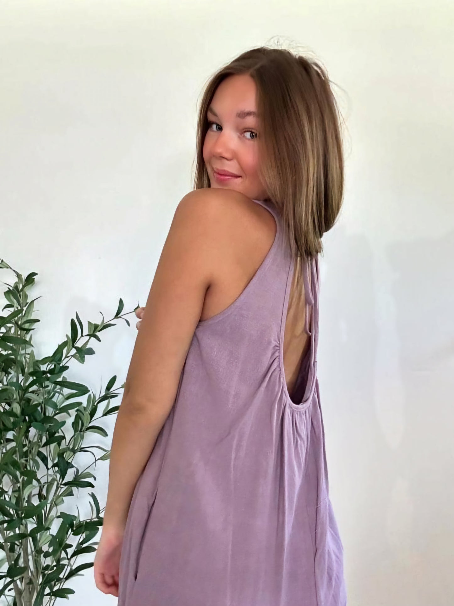 Lavender Linen Scoop Back Sleeveless Romper with Pockets