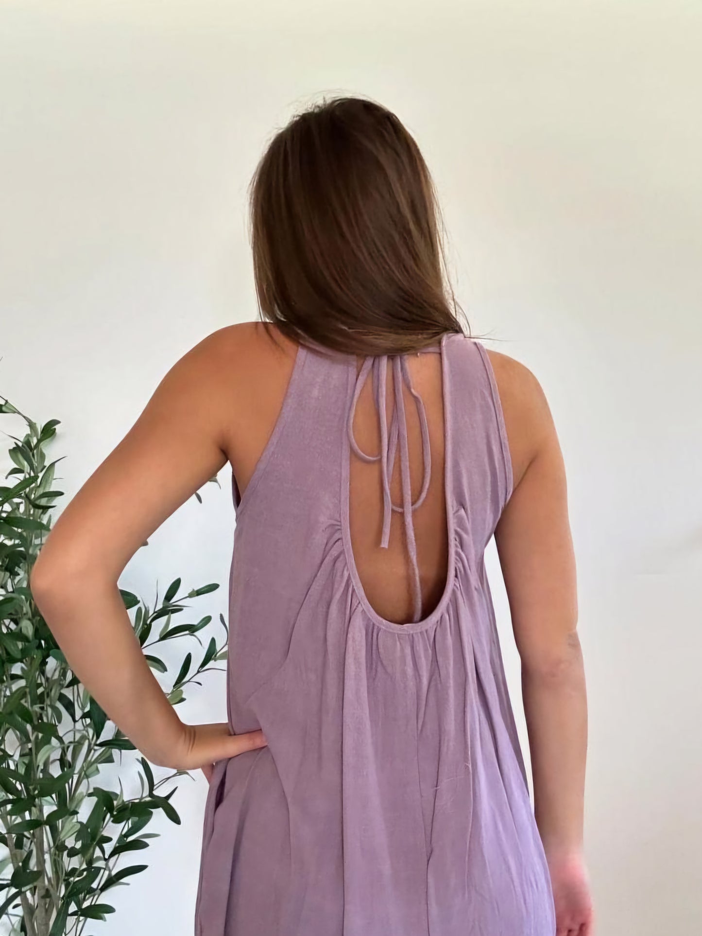 Lavender Linen Scoop Back Sleeveless Romper with Pockets