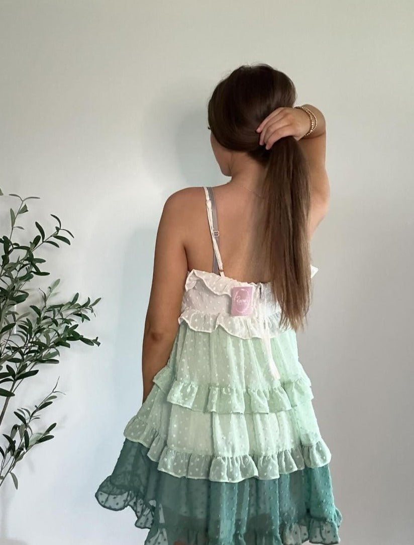 Sage Swiss Dot Ombre Tiered Ruffle Mini Dress